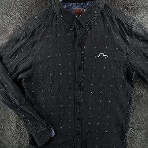 EVISU Genes Dark Gray Medium Long Sleeve Button Up Shirt AOP Logo Print Cotton